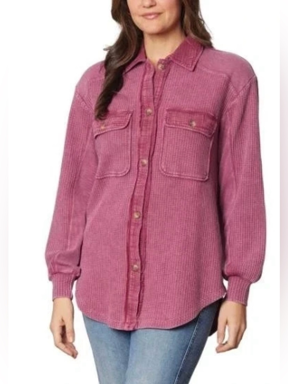Briggs Women's Waffle Button-Front Long Sleeves Pockets Shirt, Dark Pink, M